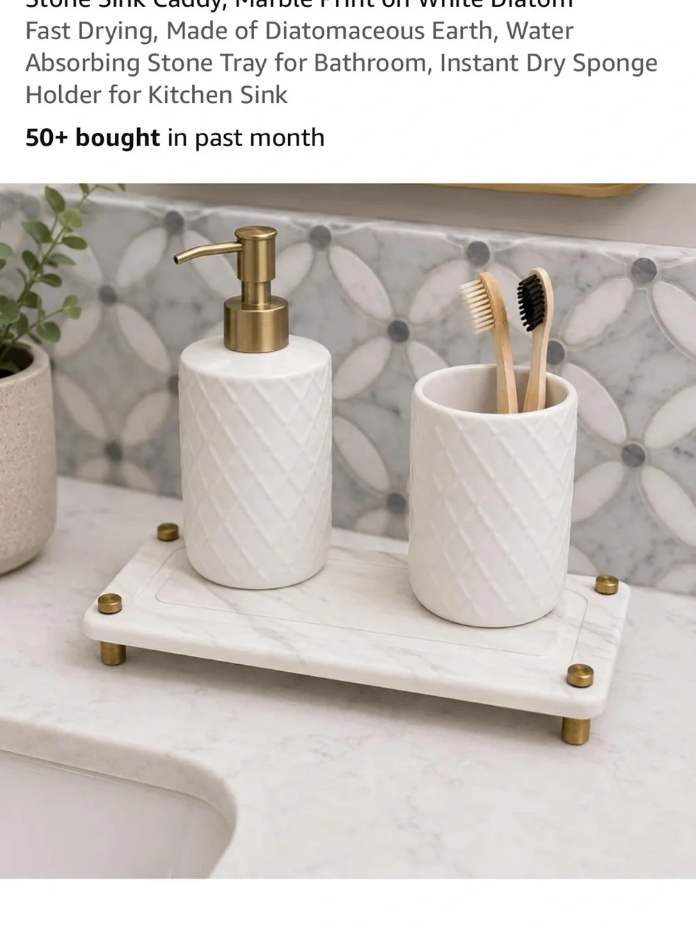White Soap Caddy Tray with Brass Accents - Home Bath Organizer